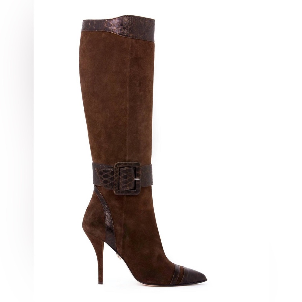 BEAUTIISOLES by Robin Shreiber Brown Bronze high Heeled Suede Boots with Buckle